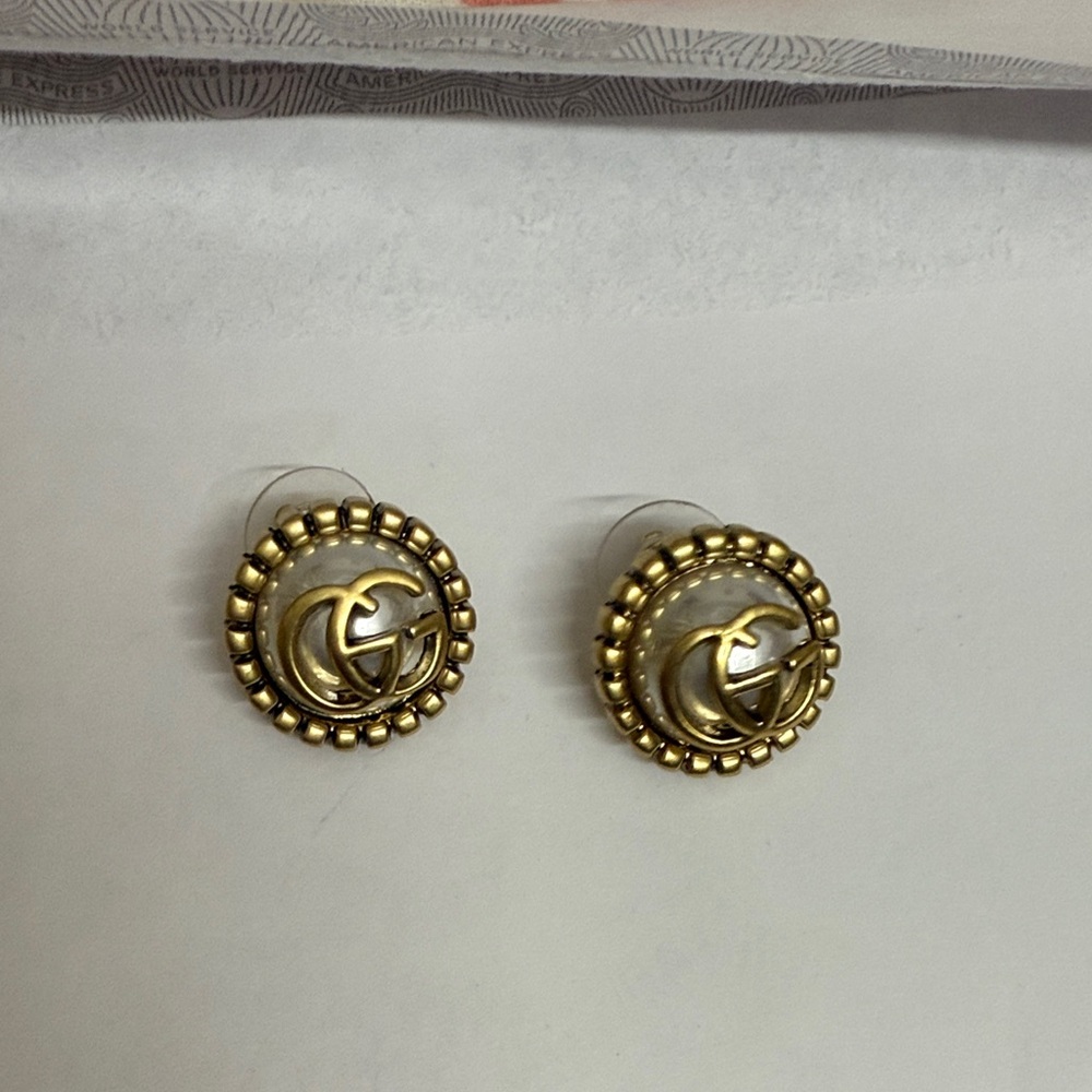 Gold Beaded Logo Earrings